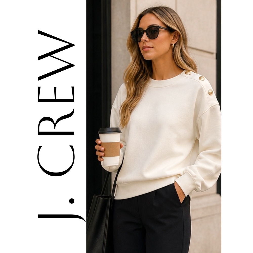 J.Crew Ivory Heritage Sweatshirt Gold Button Shoulder Pullover Nautical Large